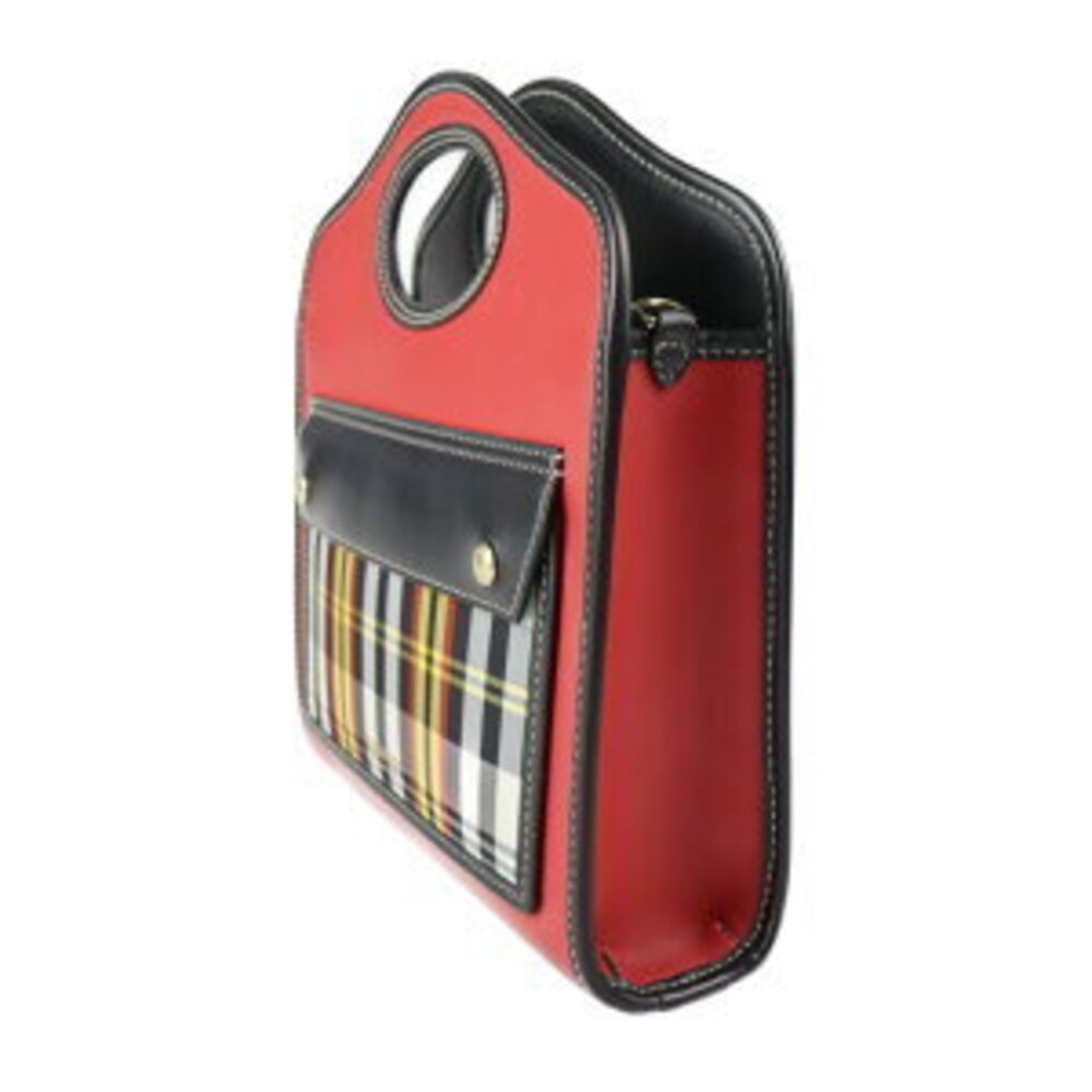 BURBERRY Pocket Bag Handbag Leather Canvas Red Black Multicolor Check Shoulder - Picture 2 of 9